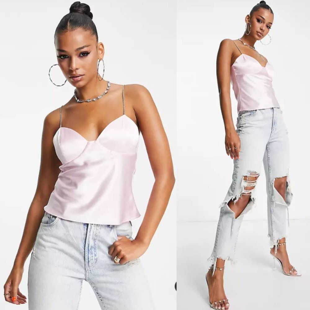 ASOS Design Diamante Rhinestone Satin Cami NWT in Blush Pink 14
